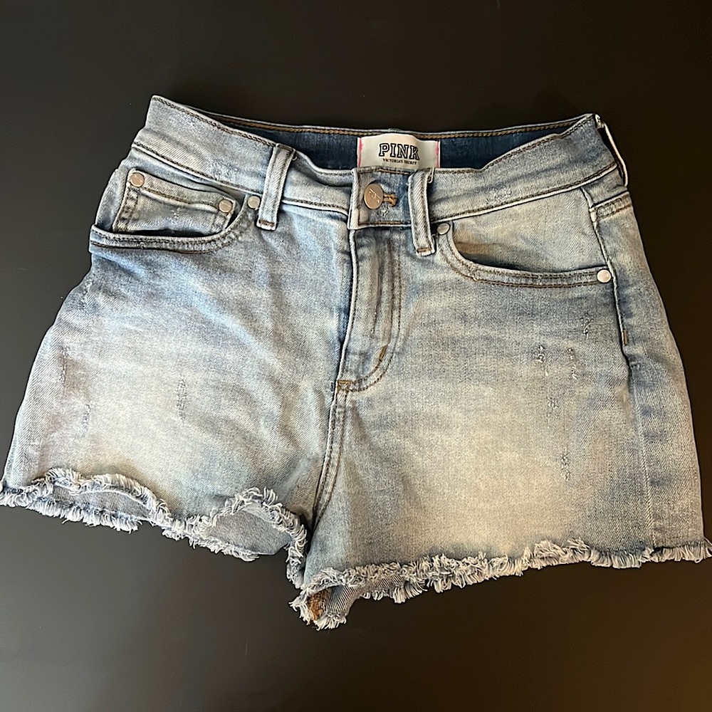 Victoria Secret PINK denim high rise blue Jean shorts light wash distressed